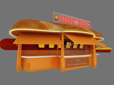 Hot Dog Stand With Hot Dog Bun Shape Orange Awning And Neon Lights 3d model