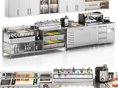 Stainless Steel Commercial Kitchen Equipment With Beverage Display Storage Drawers And Coffee Machine 3d model