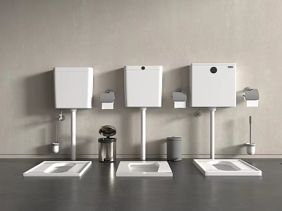 Three Modern Toilet Designs in Minimalist Bathroom with Toilet Brush and Trash Can 3d model