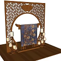 Elegant Wooden Chinese Screen Carved Frame With Floral Pattern And Decorative Lanterns