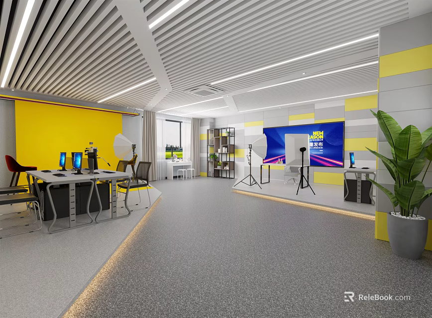 Modern Public Office Workspace With Desks Computers Chairs Plants And Large Screen 3d model