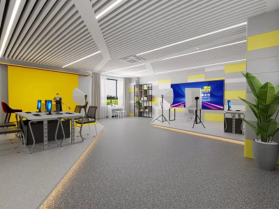 Modern Public Office Workspace With Desks Computers Chairs Plants And Large Screen 3d model