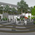Modern Plaza Landscape with Palm Trees Pedestrians Curved Steps Modern Building and Greenery