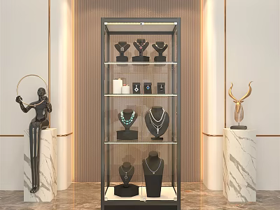 Modern Display Cabinet Shelf With Jewelry Accessories And Marble Decorative Statues 3d model