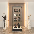 Modern Display Cabinet Shelf With Jewelry Accessories And Marble Decorative Statues