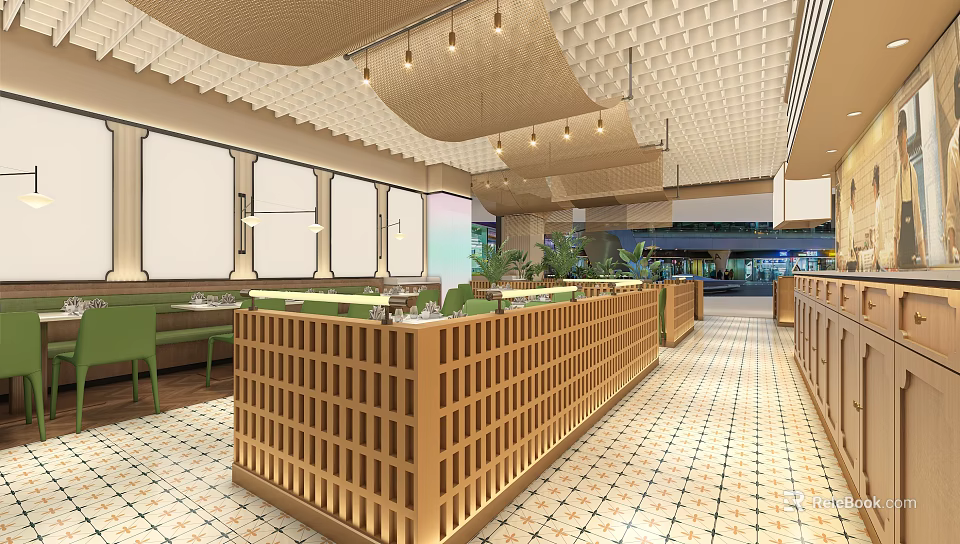 Modern Restaurant Interior With Wooden Lattice Counter Green Chairs Pendant Lights And Colorful Tiled Floor 3d model 
