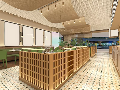 Modern Restaurant Interior With Wooden Lattice Counter Green Chairs Pendant Lights And Colorful Tiled Floor 3d model