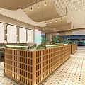 Modern Restaurant Interior With Wooden Lattice Counter Green Chairs Pendant Lights And Colorful Tiled Floor