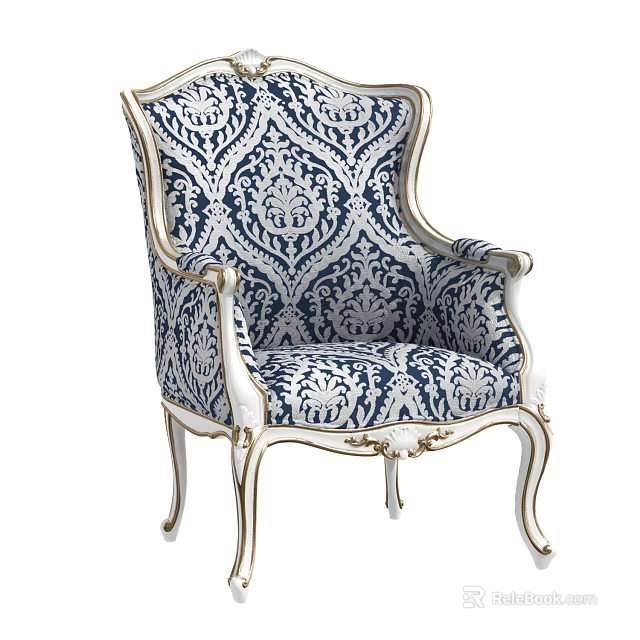 Classic Blue And White Patterned Accent Chair With Gold Carved Details And Armrests 3d model 
