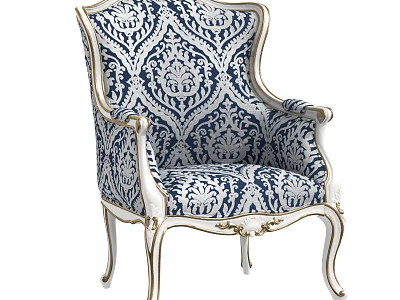 Classic Blue And White Patterned Accent Chair With Gold Carved Details And Armrests 3d model