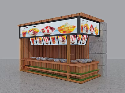 Mall Kiosk With Wooden Structure Large Screen Displaying Drinks And Seating Area 3d model