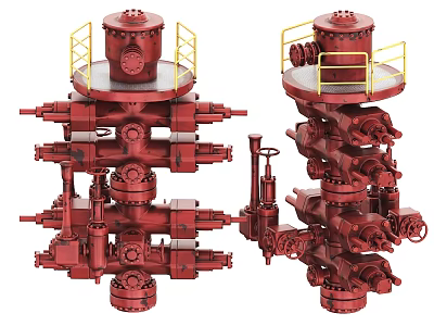 Red Industrial Wellhead Equipment With Platform Multi Layer Structure And Yellow Guardrails 3d model