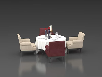 Round Dining Table Set With White Tablecloth Tableware Wine Glasses Candles And Red Beige Chairs 3d model