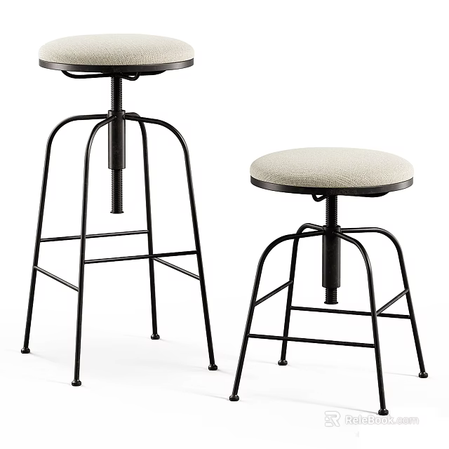 Modern Adjustable Height Bar Stools With Black Metal Frame And Round Beige Seat 3d model 