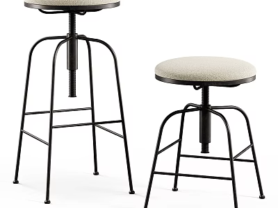 Modern Adjustable Height Bar Stools With Black Metal Frame And Round Beige Seat 3d model