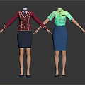 Stylish Women's Clothing Sets With Burgundy Vest Black Skirt Green Shirt And Blue Skirt