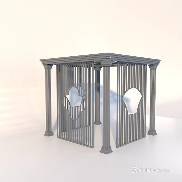 Modern Gazebo Structure With Lattice Panels Circular Cutouts And Decorative Columns 3d model
