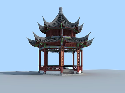 Traditional Chinese Pavilion With Multi Tiered Roof Red Pillars And Ornate Carvings 3d model