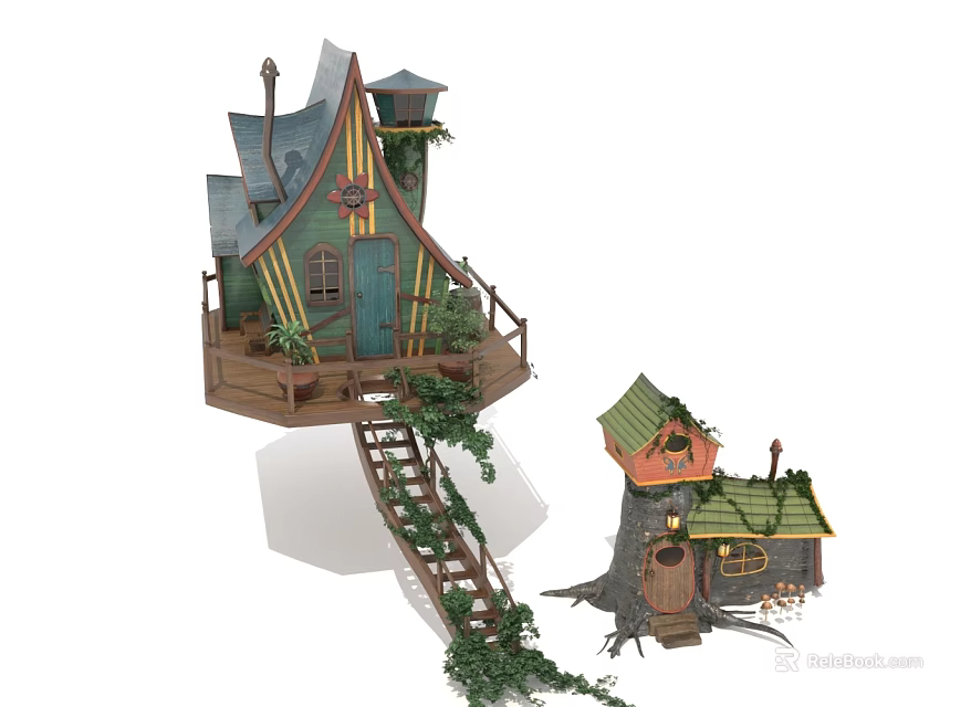 Enchanting Treehouse Building Featuring Pointed Roof Green Door Windows Vines And Wooden Staircase 3d model 