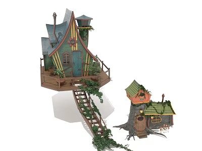 Enchanting Treehouse Building Featuring Pointed Roof Green Door Windows Vines And Wooden Staircase 3d model