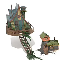 Enchanting Treehouse Building Featuring Pointed Roof Green Door Windows Vines And Wooden Staircase