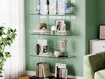Living Room With Green Wall Glass Shelf Sculptures Books Green Sofa Plant And White Curtains 3d model