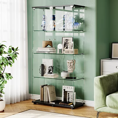 Living Room With Green Wall Glass Shelf Sculptures Books Green Sofa Plant And White Curtains 3d model