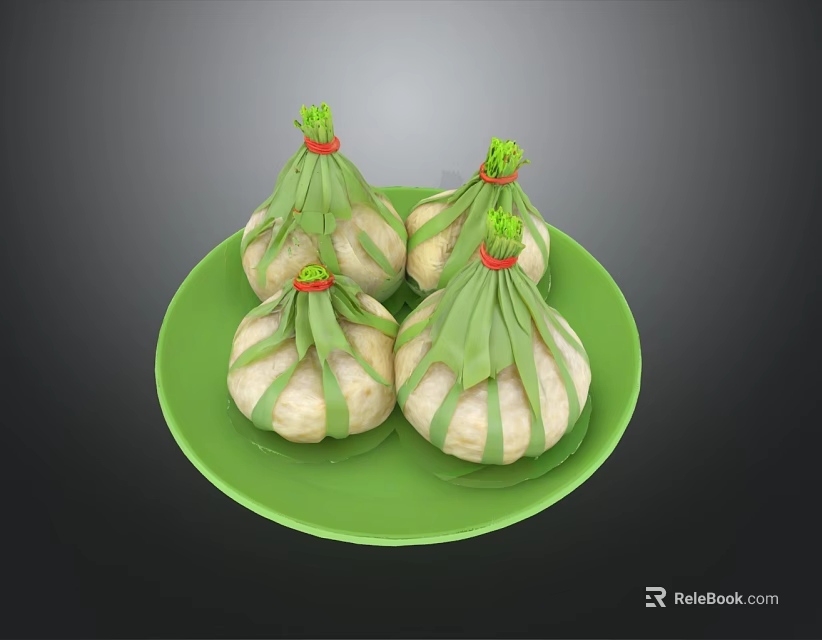 Four Delicious Traditional Parcels Wrapped in Green Leaves with Red Ribbons on Green Plate 3d model 