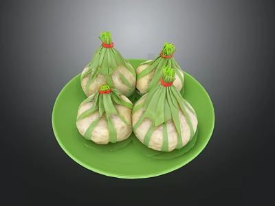 Four Delicious Traditional Parcels Wrapped in Green Leaves with Red Ribbons on Green Plate 3d model