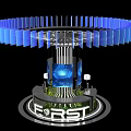 Modern Circular Display Cabinet With Blue Lighting Screen And FIRST Logo