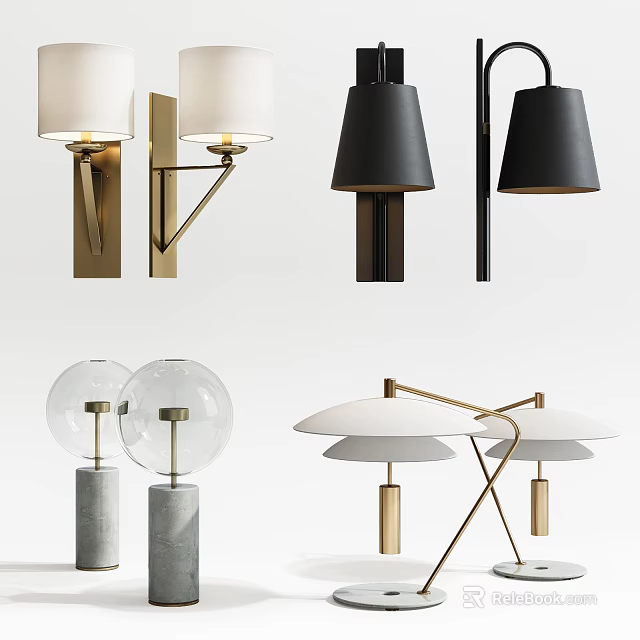 Modern Minimalist Lighting Combinations With Wall Pendant And Table Lamps In Gold Black White 3d model 