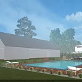Modern White Detached Villa Exterior With Green Lawn And Trees Pathway Entrance Area
