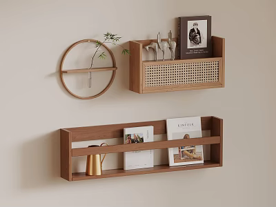 Wooden Wall Decor with Circular Accent Shelves Magazines Golden Kettle and Green Plant 3d model