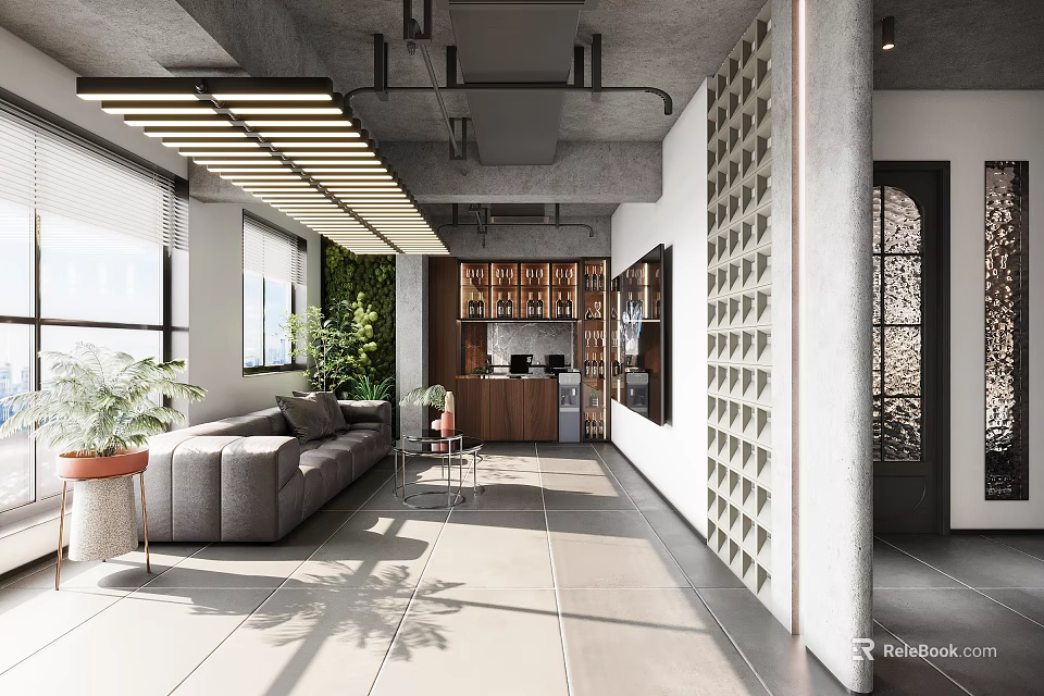 Modern Industrial Office Interior With Sofa Plants Open Layout And Decorative Wall 3d model 