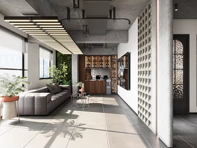 Modern Industrial Office Interior With Sofa Plants Open Layout And Decorative Wall 3d model