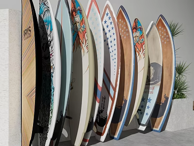 Vibrant Recreational Surfing Equipment with Colorful Patterns Flag Designs Arranged Against Wall with Plants 3d model