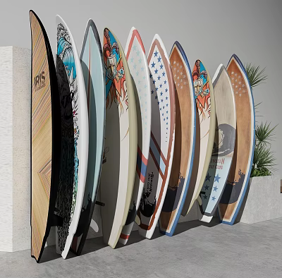 Vibrant Recreational Surfing Equipment with Colorful Patterns Flag Designs Arranged Against Wall with Plants 3d model