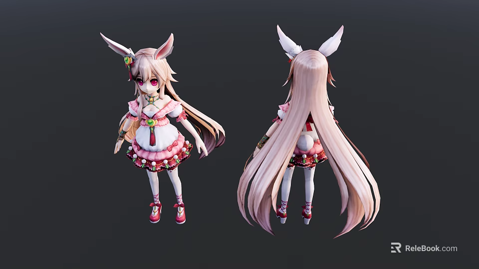 Anime Game Character With Rabbit Ears Long Pink Hair Pink White Dress And Red Shoes 3d model 
