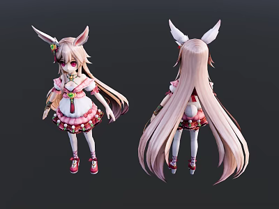 Anime Game Character With Rabbit Ears Long Pink Hair Pink White Dress And Red Shoes 3d model