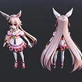 Anime Game Character With Rabbit Ears Long Pink Hair Pink White Dress And Red Shoes