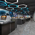 Modern Gaming Cafe Interior With Geometric Lighting Blue Accents Black Seats And Gaming Computers