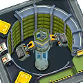 Cartoon Mechanical Sci Fi Scene With Circular Green Panels Yellow Consoles Blue Pathway Warning Stripes