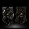 Ornate Metallic Weapon Shields With Intricate Geometric Patterns And Decorative Carvings