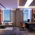 Modern Office Interior With Desk Orange Chairs Green Plant Sofa Coffee Table And Abstract Painting