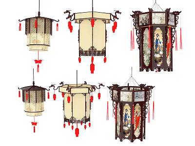 Traditional Chinese Lanterns With Various Hanging Designs Red Tassels And Decorative Patterns 3d model