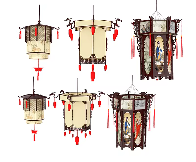 Traditional Chinese Lanterns With Various Hanging Designs Red Tassels And Decorative Patterns 3d model