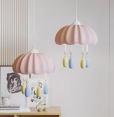 Pink Scalloped Pendant Lights With Yellow And Blue Hanging Pendants For Cozy Interior Decoration 3d model