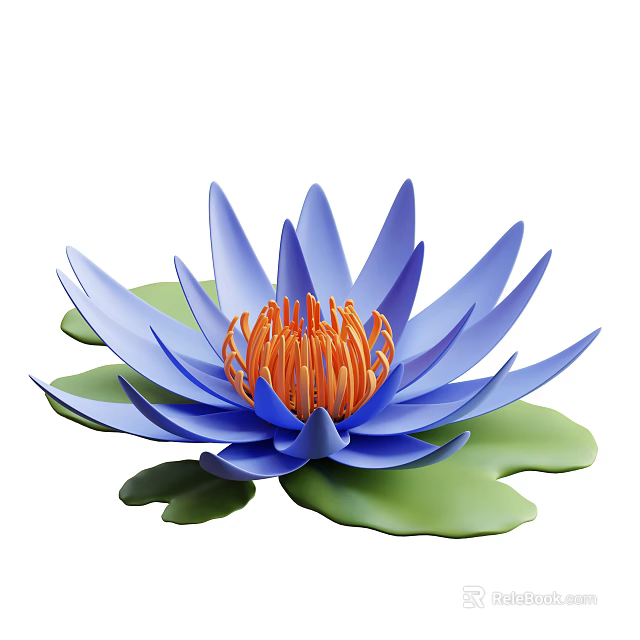 Beautiful Blue Lotus Flower with Orange Stamens and Green Lotus Leaves 3d model 