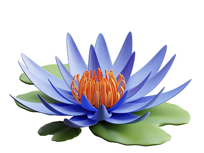 Beautiful Blue Lotus Flower with Orange Stamens and Green Lotus Leaves 3d model