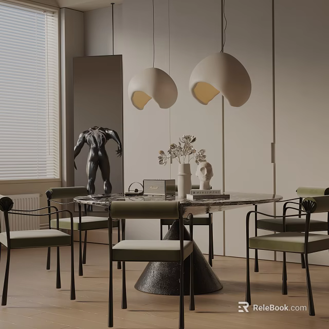 Modern Dining Table Set with Round Table Green Chairs Hanging Pendant Lights and Decorative Vase 3d model 
